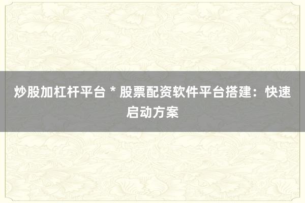 炒股加杠杆平台 * 股票配资软件平台搭建：快速启动方案